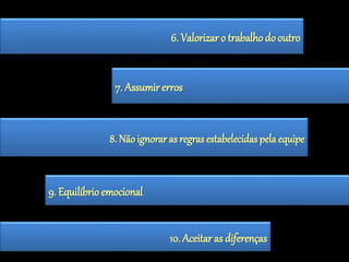 6. Valorizar o trabalho do outro 
7. Assumir erros 
8. Não ignorar as regras estabelecidas pela equipe 
9. Equilíbrio emocional 
10. Aceitar as diferenças 
 