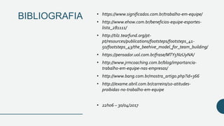 BIBLIOGRAFIA • https://www.significados.com.br/trabalho-em-equipe/
• http://www.ehow.com.br/beneficios-equipe-esportes-
lista_281111/
• http://tilz.tearfund.org/pt-
pt/resources/publications/footsteps/footsteps_41-
50/footsteps_43/the_beehive_model_for_team_building/
• https://pensador.uol.com.br/frase/MTY5NzUyNA/
• http://www.jrmcoaching.com.br/blog/importancia-
trabalho-em-equipe-nas-empresas/
• http://www.bang.com.br/mostra_artigo.php?id=366
• http:///exame.abril.com.br/carreira/10-atitudes-
proibidas-no-trabalho-em-equipe
• 22h06 – 30/04/2017
 
