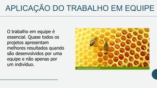 APLICAÇÃO DO TRABALHO EM EQUIPE
O trabalho em equipe é
essencial. Quase todos os
projetos apresentam
melhores resultados quando
são desenvolvidos por uma
equipe e não apenas por
um indivíduo.
 