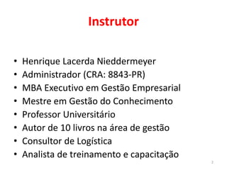 Instrutor
• Henrique Lacerda Nieddermeyer
• Administrador (CRA: 8843-PR)
• MBA Executivo em Gestão Empresarial
• Mestre em Gestão do Conhecimento
• Professor Universitário
• Autor de 10 livros na área de gestão
• Consultor de Logística
• Analista de treinamento e capacitação
2
 