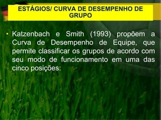 ESTÁGIOS/ CURVA DE DESEMPENHO DE
GRUPO
• Katzenbach e Smith (1993) propõem a
Curva de Desempenho de Equipe, que
permite classificar os grupos de acordo com
seu modo de funcionamento em uma das
cinco posições:
 