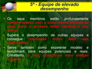 5ª - Equipe de elevado
desempenho
• Os seus membros estão profundamente
comprometidos com o crescimento pessoal de
cada um e o sucesso deles mesmos e dos
outros.
• Supera o desempenho de outras equipes e
consegue resultados muito além das
expectativas.
• Serve também como excelente modelo e
benchmark para equipes potenciais e reais.
Entretanto, é raro alcançar-se esse estágio
superior.
 