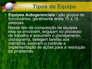 • Equipes Autogerenciais - são grupos de
funcionários, geralmente entre 10 a 15
pessoas.
Nesse tipo de composição de equipes
eles se envolvem, engajam no processo
de trabalho e assumem o planejamento,
cronograma, delegam tarefas aos
membros, exercem o controle e
implementação de ações para a resolução
de problemas.
Tipos de Equipe
 