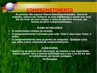 COMPROMETIMENTO
As pessoas não seguem líderes descompromissados. Horas de
trabalho, esforço em melhorar as suas habilidades e aquilo que você
faz em favor de seus colegas à custa de sacrifício pessoal, são
formas de gerar comprometimento.
PLANO DE MELHORIA
 O compromisso começa no coração.
 O comprometimento é provado pela ação. Falar é uma coisa. Fazer, é
outra.
 O comprometimento abre as portas da conquista. Qualquer coisa
que valha a pena necessita de comprometimento.
AÇÃO DIÁRIA
“ Lembre-se de que se você não treinar ao máximo a sua capacidade,
haverá alguém com a mesma habilidade que a sua e no dia em que
se enfrentaram, ele levará vantagem. “
Ed Macauley
 