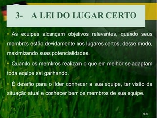 3- A LEI DO LUGAR CERTO
• As equipes alcançam objetivos relevantes, quando seus
membros estão devidamente nos lugares certos, desse modo,
maximizando suas potencialidades.
• Quando os membros realizam o que em melhor se adaptam
toda equipe sai ganhando.
• É desafio para o líder conhecer a sua equipe, ter visão da
situação atual e conhecer bem os membros de sua equipe.
53
 