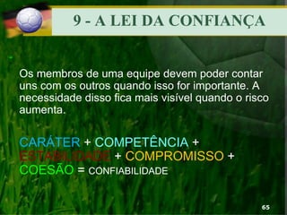 9 - A LEI DA CONFIANÇA
“
Os membros de uma equipe devem poder contar
uns com os outros quando isso for importante. A
necessidade disso fica mais visível quando o risco
aumenta.
CARÁTER + COMPETÊNCIA +
ESTABILIDADE + COMPROMISSO +
COESÃO = CONFIABILIDADE
65
 