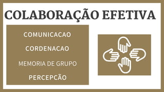 COLABORAÇÃO EFETIVA
COMUNICAÇAO
CORDENACAO
MEMORIA DE GRUPO
PERCEPÇÃO
 