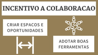 CRIAR ESPAÇOS E
OPORTUNIDADES
INCENTIVO A COLABORACAO
ADOTAR BOAS
FERRAMENTAS
 