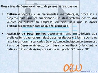 Nossa área de Desenvolvimento de pessoas é responsável:
• Cultura e Valores: criar ferramentas, metodologias, processos e
projetos para que os funcionários se desenvolvam dentro dos
valores ou cultura da empresa, ou seja, para que as ações
praticadas correspondam ao que foi planejado.
• Avaliação de Desempenho: desenvolver uma metodologia que
avalia os funcionários em relação aos resultados e à forma como os
resultados foram alcançados (valores/competências/comportamentos).
Plano de Desenvolvimento, com base no feedback o funcionário
defina um Plano de Ação para sair do seu ponto “A” para o “B”.
 