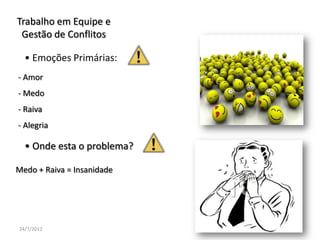 Trabalho em Equipe e
 Gestão de Conflitos

  • Emoções Primárias:
- Amor
- Medo
- Raiva
- Alegria

  • Onde esta o problema?

Medo + Raiva = Insanidade




24/7/2012
 