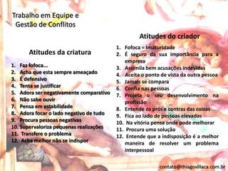 Trabalho em Equipe e
 Gestão de Conflitos
                                                  Atitudes do criador
                                         1. Fofoca = Imaturidade
      Atitudes da criatura               2. É seguro da sua importância para a
                                            empresa
1. Faz fofoca...                         3. Assimila bem acusações indevidas
2. Acha que esta sempre ameaçado         4. Aceita o ponto de vista da outra pessoa
3. É defensivo                           5. Jamais se compara
4. Tenta se justificar                   6. Confia nas pessoas
5. Adora ser negativamente comparativo   7. Projeta o seu desenvolvimento na
6. Não sabe ouvir                           profissão
7. Pensa em estabilidade                 8. Entende os prós e contras das coisas
8. Adora focar o lado negativo de tudo   9. Fica ao lado de pessoas elevadas
9. Procura pessoas negativas             10. Na vitória pensa onde pode melhorar
10. Supervaloriza pequenas realizações   11. Procura uma solução
11. Transfere o problema                 12. Entende que a indisposição é a melhor
12. Acha melhor não se indispor             maneira de resolver um problema
                                            interpessoal

                                                          contato@thiagovillaca.com.br
 