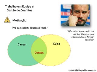 Trabalho em Equipe e
 Gestão de Conflitos


     Motivação

     Pra que escolhi educação física?
                                                “Não estou interessado em
                                                      ganhar títulos, estou
                                                   interessado em formar
                                                                  talentos”
         Causa                          Coisa

                         Contas




                                                contato@thiagovillaca.com.br
 