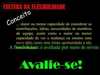 CULTURA DA FLEXIBILIDADE... maior ou menor capacidade de considerar as contribuições, idéias, necessidades de membros da equipe, assim como a maior ou menor capacidade de ver a mudança ou mesmo uma nova idéia como uma ótima oportunidade e não uma ameaça.ConceitoA flexibilidade é avaliada por meio de níveisAvalie-se!