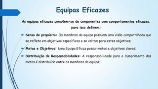 Equipas Eficazes
As equipas eficazes compõem-se de componentes com comportamentos eficazes,
para isso definem:
 Senso de propósito: Os membros da equipa possuem uma visão compartilhada que
se reflete em objetivos específicos e se voltam para estes objetivos;
 Metas e Objetivos: Uma Equipa Eficaz possui metas e objetivos claros;
 Distribuição de Responsabilidades: A responsabilidade para o cumprimento das
metas é distribuída entre os membros da equipa;
 