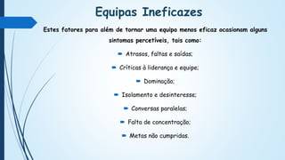 Equipas Ineficazes
Estes fatores para além de tornar uma equipa menos eficaz ocasionam alguns
sintomas percetíveis, tais como:
 Atrasos, faltas e saídas;
 Críticas à liderança e equipe;
 Dominação;
 Isolamento e desinteresse;
 Conversas paralelas;
 Falta de concentração;
 Metas não cumpridas.
 
