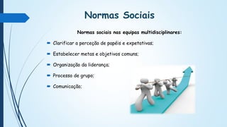 Normas Sociais
Normas sociais nas equipas multidisciplinares:
 Clarificar a perceção de papéis e expetativas;
 Estabelecer metas e objetivos comuns;
 Organização da liderança;
 Processo de grupo;
 Comunicação;
 