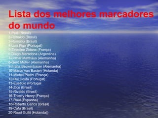 Lista dos melhores marcadores do mundo 1-Pelé (Brasil) 2-Ronaldo (Brasil) 3-Romário (Brasil) 4-Luís Figo (Portugal)  5-Zinedine Zidane (França) 6-Diego Maradona (Argentina) 7-Lothar Matthäus (Alemanha) 8-Gerd Müller (Alemanha) 9-Franz Beckenbauer (Alemanha) 10-Marco van Basten (Holanda)  11-Michel Platini (França) 12-Rui Costa (Portugal) 13-Eusébio (Portugal 14-Zico (Brasil) 15-Rivaldo (Brasil)  16-Thierry Henry (França) 17-Raúl (Espanha) 18-Roberto Carlos (Brasil) 19-Cafu (Brasil) 20-Ruud Gullit (Holanda)) 