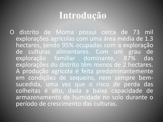 Introdução
O distrito de Moma possui cerca de 73 mil
explorações agrícolas com uma área média de 1.3
hectares, sendo 95% ocupadas com a exploração
de culturas alimentares. Com um grau de
exploração familiar dominante, 87% das
explorações do distrito têm menos de 2 hectares.
A produção agrícola é feita predominantemente
em condições de sequeiro, nem sempre bem-
sucedida, uma vez que o risco de perda das
colheitas é alto, dada a baixa capacidade de
armazenamento de humidade no solo durante o
período de crescimento das culturas.
 