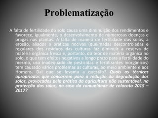 Problematização
A falta de fertilidade do solo causa uma diminuição dos rendimentos e
favorece, igualmente, o desenvolvimento de numerosas doenças e
pragas nas plantas. A falta de maneio de fertilidade dos solos, a
erosão, aliados a práticas nocivas (queimadas descontroladas e
regulares dos resíduos das culturas faz diminuir a reserva de
matéria orgânica fresca e, portanto, do teor de matéria orgânica no
solo, o que tem efeitos negativos a longo prazo para a fertilidade do
mesmo, uso inadequado de pesticidas e fertilizantes inorgânicos)
tem causado vários problemas as culturas, ao meio ambiente e aos
Homens. Dai que se levanta a questão? Quais as técnicas
apropriadas que concorrem para a redução da degradação dos
solos, provocados pela prática da agricultura não sustentável, na
protecção dos solos, no caso da comunidade de colocoto 2015 –
2017?
 