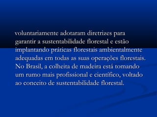 vvoolluunnttaarriiaammeennttee aaddoottaarraamm ddiirreettrriizzeess ppaarraa 
ggaarraannttiirr aa ssuusstteennttaabbiilliiddaaddee fflloorreessttaall ee eessttããoo 
iimmppllaannttaannddoo pprrááttiiccaass fflloorreessttaaiiss aammbbiieennttaallmmeennttee 
aaddeeqquuaaddaass eemm ttooddaass aass ssuuaass ooppeerraaççõõeess fflloorreessttaaiiss.. 
NNoo BBrraassiill,, aa ccoollhheeiittaa ddee mmaaddeeiirraa eessttáá ttoommaannddoo 
uumm rruummoo mmaaiiss pprrooffiissssiioonnaall ee cciieennttííffiiccoo,, vvoollttaaddoo 
aaoo ccoonncceeiittoo ddee ssuusstteennttaabbiilliiddaaddee fflloorreessttaall.. 
 