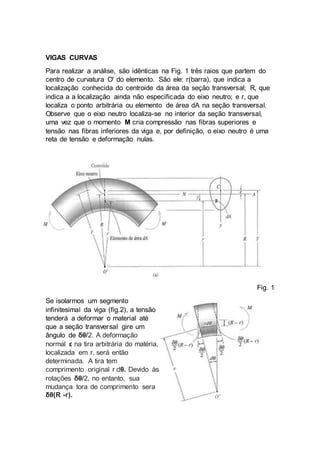 VIGAS CURVAS
Para realizar a análise, são idênticas na Fig. 1 três raios que partem do
centro de curvatura O' do elemento. São ele: r(barra), que indica a
localização conhecida do centroide da área da seção transversal; R, que
indica a a localização ainda não especificada do eixo neutro; e r, que
localiza o ponto arbitrária ou elemento de área dA na seção transversal.
Observe que o eixo neutro localiza-se no interior da seção transversal,
uma vez que o momento M cria compressão nas fibras superiores e
tensão nas fibras inferiores da viga e, por definição, o eixo neutro é uma
reta de tensão e deformação nulas.
Fig. 1
Se isolarmos um segmento
infinitesimal da viga (fig.2), a tensão
tenderá a deformar o material até
que a seção transversal gire um
ângulo de δθ/2. A deformação
normal ε na tira arbitrária do matéria,
localizada em r, será então
determinada. A tira tem
comprimento original r dθ. Devido às
rotações δθ/2, no entanto, sua
mudança tora de comprimento sera
δθ(R -r).
 