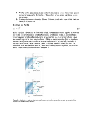 1- A linha neutra passa através do centróide da área da seção transversal quando
o material segue a lei de Hooke e não existem forças axiais agindo na seção
transversal.
2- A origem O das coordenadas (Figura 2.b) está localizada no centróide da área
da seção transversal.
Fórmula de flexão
𝜎𝑥 =
−𝑀𝑦
𝐼
(5)
Essa equação é chamada de fórmula e flexão. Tensões calculadas a partir da fórmula
de flexão são chamadas de tensões fletoras ou tensões de flexão. A expressão (5)
mostra que as tensões são diretamente proporcionais aos momentos fletores e que
aumenta linearmente com o aumento de y. Nota-se que momentos fletores positivos
causam tensões de compressão na viga na parte superior acima da linha neutra e
causam tensões de tração na parte inferir, pois o y é negativo e também se pode
visualizar este resultado na prática. Caso os momentos sejam negativos, as tensões
terão sinais invertidos como mostra a Figura 3.
Figura 3 – relações entre os sinais dos momentos fletores e as direções das tensões normais. (a) momento fletor
positivo e (b) momento fletor negativo.
 