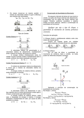 Os corpos movem-se no mesmo sentido: o                    Conservação da Quantidade de Movimento
      módulo da velocidade relativa é igual à diferença
      dos módulos das velocidades.                                No pequeno intervalo de tempo em que ocorre a
                                                          colisão, as ações das forças externas são desprezíveis,
                                                          comparadas com as ações das forças internas que
                                                          surgem. Portanto, podemos considerar o sistema
                                                          isolado de forças externas, valendo a conservação da
                                                          quantidade de movimento:

                                                                 Qualquer que seja o tipo de choque, a
                                                          quantidade de movimento do sistema permanece
                                                          constante.
                    Tipos de Colisão:
                                                          Exemplos de aplicação:
Colisão Elástica (e = 1)
                                                          1) Choque frontal e perfeitamente elástico entre dois
                                                          corpos de massas iguais:
                                                                  Corpos de massas iguais em colisões
                                                          perfeitamente elásticas e frontais trocam de velocidade.




         A velocidade relativa de aproximação e a         2) Choque oblíquo:
velocidade relativa de afastamento, imediatamente                Em um jogo de bilhar, a quantidade de
antes e depois do choque, são iguais em módulo.           movimento se conserva. Após a colisão, as bolas
         A energia cinética imediatamente antes da        podem ter diferentes direções e sentidos.
colisão é igual à energia cinética imediatamente após a
colisão, portanto não existe dissipação de energia.
         e=1 ⇒           Qi = Qf ⇒       Eci = Ecf

Colisão Parcialmente Elástica (0 < e < 1)

        O módulo da velocidade relativa de afastamento
é menor que o módulo da velocidade relativa de
aproximação.
        A energia cinética do sistema diminui, portanto
existe dissipação da energia.
     0<e<1          ⇒       Qi = Qf ⇒      Eci > Ecf

Colisão Inelástica (e = 0)




                                                                  Aplicando o princípio da conservação          da
                                                          quantidade de movimento:
        A velocidade relativa de afastamento é nula.      Na direção x, temos:
Isso significa que os corpos permanecem unidos após o                        Q(inicial)x = Q(final)x
choque, conservando suas deformações.                                  mA V1Ax = mA V2Ax + mB V2Bx
        A energia cinética do sistema diminui; neste
                                                                  mA V1A = mA V2A cos θA + mB V2B cos θB
caso, a dissipação de energia é máxima. A energia
                                                          Na direção y, temos:
dissipada é transformada em calor, por causa do atrito
existente na colisão.                                                        Q (inicial)y = Q(final)y
         e=0 ⇒           Qi = Qf ⇒    Eci > Ecf                            0 = mB V2By - mA V2Ay
                                                                     0 = mB V2B sen θB - mA V2A sen θA

                                                                                                            6
 
