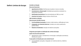 Definir Limites do Escopo Incluído na Solução
Recursos Essenciais:
 Agendamento Online: Interface para visualizar e marcar consultas.
 Cancelamento e Remarcação: Facilidade para pacientes cancelarem ou
remarcarem consultas.
 Notificações Automáticas: Envio de lembretes por SMS ou e-mail.
 Interface de Usuário: Design intuitivo e fácil de usar.
Não Incluído na Solução
Recursos para Versões Futuras:
 Funcionalidades Avançadas: Arrastar e soltar eventos, codificação por cores.
 Integração com Sistemas Externos: Conexão com outros sistemas de
gestão médica.
 Relatórios Detalhados: Geração de relatórios avançados.
Perguntas para Ajudar na Definição dos Limites do Escopo
Quais recursos são essenciais?
 Agendamento online, cancelamento e remarcação, notificações automáticas,
interface de usuário.
O que pode ser deixado para uma versão futura?
 Funcionalidades avançadas, integração com sistemas externos, relatórios
detalhados.
 