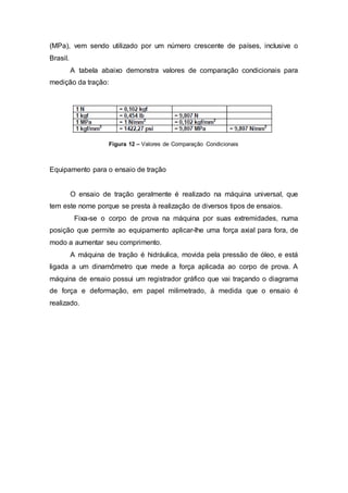 (MPa), vem sendo utilizado por um número crescente de países, inclusive o
Brasil.
A tabela abaixo demonstra valores de comparação condicionais para
medição da tração:
Figura 12 – Valores de Comparação Condicionais
Equipamento para o ensaio de tração
O ensaio de tração geralmente é realizado na máquina universal, que
tem este nome porque se presta à realização de diversos tipos de ensaios.
Fixa-se o corpo de prova na máquina por suas extremidades, numa
posição que permite ao equipamento aplicar-lhe uma força axial para fora, de
modo a aumentar seu comprimento.
A máquina de tração é hidráulica, movida pela pressão de óleo, e está
ligada a um dinamômetro que mede a força aplicada ao corpo de prova. A
máquina de ensaio possui um registrador gráfico que vai traçando o diagrama
de força e deformação, em papel milimetrado, à medida que o ensaio é
realizado.
 