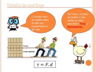 Na Física, o conceito
de trabalho é mais
restrito por estar
associado à Força e
Deslocamento.
O conceito físico
de trabalho difere
da ideia que
popularmente se
tem dele.
 