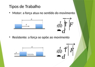 Tipos de Trabalho
• Motor: a força atua no sentido do movimento
• Resistente: a força se opõe ao movimento
–→
  F
d
–→
   F
d
 