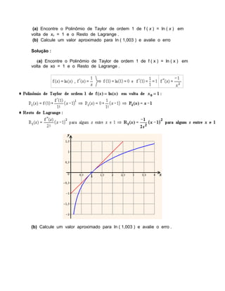 (a) Encontre o Polinômio de Taylor de ordem 1 de f ( x ) = ln ( x ) em 
volta de xo = 1 e o Resto de Lagrange . 
(b) Calcule um valor aproximado para ln ( 1,003 ) e avalie o erro 
Solução : 
(a) Encontre o Polinômio de Taylor de ordem 1 de f ( x ) = ln ( x ) em 
volta de xo = 1 e o Resto de Lagrange . 
(b) Calcule um valor aproximado para ln ( 1,003 ) e avalie o erro . 
 