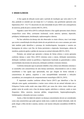 13
5 SINAIS CLÍNICOS
A fase aguda da infecção ocorre após o período de incubação que varia entre 8 a 20
dias, podendo se estender por um tempo de 2 a 4 semanas, mas geralmente apresenta uma
hipertermia (39,5 - 41,5 °C) decorrente de uma intensidade do pico febril com consequências
de anorexia, perda de peso e astenia (SILVA, 2015).
Segundo o autor Silva (2015) a infecção durante a fase aguda apresenta sinais clínicos
inespecíficos como febre, corrimento óculonasal, uveíte anterior, epistaxe, depressão,
polidipsia, linfadenopatia, desidratação, esplenomegalia e diarreia.
Na fase subclínica da doença não são observados os sinais clínicos, mas é um tempo
que ocorre a manifestação da infecção dentro de um período de seis a nove semanas, por outro
lado também pode identificar a presença de trombocitopenia, leucopenia e anemia em
hemograma de rotina e por fim, de forma persistente a depressão, hemorragias, edema de
membros, perda de apetite e palidez de mucosas no animal infectado (SILVA, 2015).
Portanto, um animal que apresente a doença de forma crônica e severa apresenta
conforme destaca o autor Silva (2015) sintomas como a ataxia, disfunção neuromotora,
disfunção vestibular central ou periférica e hiperestesia localizada ou generalizada e outras
anormalidades decorrentes de anisocoria, disfunção cerebelar e tremores intensos.
Conforme destacado aqui no presente trabalho a fase crônica tem diferentes sintomas e
se assemelha com características de uma doença autoimune, relacionando-se com os sinais
semelhantes à fase aguda aqui apresentada, mas que chegam de forma reduzida e
características de apático, caquético e com susceptibilidade aumentada a infecções
secundárias, em consequência do comprometimento imunológico (SILVA, 2015).
É importante ressaltar conforme afirma Garcia (2017) que identificar a fase da
infecção como aguda, assintomática e muitas vezes crônica de um animal infectado com a
Erliquiose Canina acaba sendo uma etapa difícil, por causa dos vários sinais clínicos que
podem variar de acordo com a fase da doença (aguda, subclínica e crônica), sendo os mais
frequentes: febre, anorexia, mucosas pálidas, emagrecimento, hepatoesplenomegalia,
linfadenopatia e alterações nervosas e oculares.
Assim, o fator da idade do animal e as doenças concomitantes devem ser considerados
como uma característica que pode agravar ainda mais a saúde do animal infectado, onde ele
pode chegar a óbito devido à anemia, uremia e até mesmo infecções secundárias (GARCIA,
2017).
 