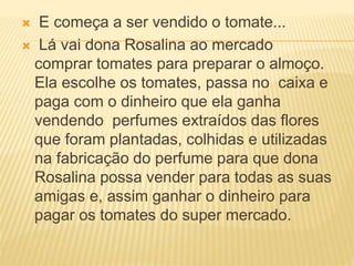  E começa a ser vendido o tomate...
 Lá vai dona Rosalina ao mercado
comprar tomates para preparar o almoço.
Ela escolhe os tomates, passa no caixa e
paga com o dinheiro que ela ganha
vendendo perfumes extraídos das flores
que foram plantadas, colhidas e utilizadas
na fabricação do perfume para que dona
Rosalina possa vender para todas as suas
amigas e, assim ganhar o dinheiro para
pagar os tomates do super mercado.
 