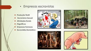 • Empresas escravistas
 Produção Têxtil
 Escravismo Sexual
 Atividades Rurais
 Frigoríficos
 Empresas Famosas
 Escravidão Doméstica
 