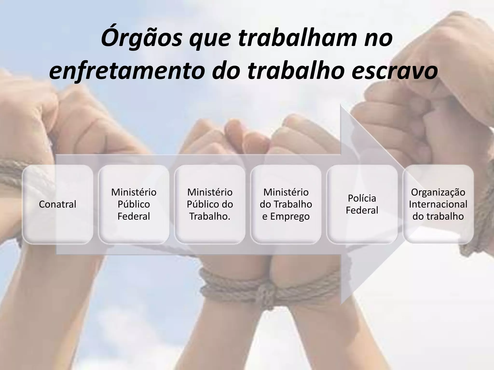 Órgãos que trabalham no
enfretamento do trabalho escravo
Conatral
Ministério
Público
Federal
Ministério
Público do
Trabalho.
Ministério
do Trabalho
e Emprego
Polícia
Federal
Organização
Internacional
do trabalho
 