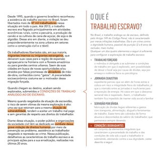 Desde 1995, quando o governo brasileiro reconheceu
a existência do trabalho escravo no Brasil, foram
libertados mais de 47 mil trabalhadores nessa
situação em todo o país. Até 2013, o trabalho
econômicas rurais, como a pecuária, a produção de
carvão e os cultivos de cana-de-açúcar, de soja e de
algodão. Desse ano em diante, a violação se deu
preponderantemente na zona urbana em setores
como a construção civil e o têxtil.
Os trabalhadores libertados são, em sua maioria,
migrantes internos ou imigrantes estrangeiros, que
deixaram suas casas para a região de expansão
ou para grandes centros urbanos. Saem de suas
cidades em busca de novas oportunidades e/ou
atraídos por falsas promessas de aliciadores de mão-
de-obra, conhecidos como “gatos”. A precariedade
socioeconômica costuma ser o motivador dessa
migração forçada.
Quando chegam ao destino, acabam sendo
explorados, submetidos a condições de trabalho
análogo ao de escravo.
Mesmo quando resgatados da situação de escravidão,
o risco de serem vítimas da mesma exploração é alto:
uma vez que retornam para a mesma situação de
vulnerabilidade, tendem a aceitar um trabalho mal pago
e sem garantias de respeito aos direitos do trabalhador.
Diante dessa situação, o poder público e organizações
da sociedade civil têm se dedicado ao combate dessa
grave violação de direitos humanos por meio da
prevenção ao problema, assistência ao trabalhador
resgatado e repressão ao crime. Nessa publicação,
detalhamos as características do trabalho escravo e as
principais ações para a sua erradicação, realizadas nos
últimos 20 anos.
OQUEÉ
TRABALHOESCRAVO?
pelo Artigo 149 do Código Penal, não é caracterizado
por meras infrações trabalhistas. Ele é um crime contra
a dignidade humana, passível de punição (2 a 8 anos de
reclusão, mais multa).
» TRABALHOFORÇADO
o indivíduo é obrigado a se submeter a condições
de trabalho em que é explorado, sem possibilidade
de deixar o local seja por causa de dívidas, seja por
ameaça e violência física ou psicológica
» JORNADAEXAUSTIVA
expediente penoso que vai além de horas extras e
coloca em risco a integridade física do trabalhador, já
a reposição de energia. Há casos em que o descanso
semanal não é respeitado. Assim, o trabalhador
» SERVIDÃOPORDÍVIDA
fabricação de dívidas ilegais referentes a gastos
com transporte, alimentação, aluguel e ferramentas
de trabalho. Esses itens são cobrados de forma
abusiva e descontados do salário do trabalhador, que
permanece sempre devendo
» CONDIÇÕESDEGRADANTES
um conjunto de elementos irregulares que
caracterizam a precariedade do trabalho e das
condições de vida sob a qual o trabalhador é
submetido, atentando contra a sua dignidade, como
descrito a seguir.
 