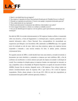1. Qual é a atividade-base da sua empresa?
2. Sua empresa é signatária do Pacto Nacional pela Erradicação do Trabalho Escravo no Brasil?
3. Pretende ser signatária nos próximos 12 meses com equipe e orçamento destacados para tal?
4. Tem conhecimento de sua exposição?
5. Realiza periodicamente levantamento das indústrias relacionadas à sua cadeia?
6. Como engaja fornecedores e clientes no combate ao trabalho escravo?
7. Em caso de identificação de empresas com tais práticas, qual o procedimento adotado por sua
instituição?


Em abril de 2009, foi enviado (eletronicamente) às 565 empresas listadas na Bolsa o comunicado
sobre esta iniciativa, a Carta de Engajamento e a orientação para a resposta, juntamente com o
material informativo sobre o Pacto Nacional. Essa correspondência foi encaminhada aos
responsáveis por Relações com Investidores (RI) cadastrados na BM&FBovespa. Um segundo
envio foi realizado no mês de maio. Após essas duas tentativas, apenas seis empresas haviam
respondido à demanda e uma terceira tentativa foi feita. A adesão, porém, continuou
extremamente baixa.

No segundo semestre de 2009, o comitê decidiu fazer mais uma tentativa, enviando novamente os
documentos por meio eletrônico e contatando as empresas por meio telefônico (RI), a fim de
confirmar seu recebimento e se havia interesse por parte da empresa em atender à solicitação do
comitê. Essa estratégia foi dirigida apenas às empresas listadas com negociação no mercado, ou
seja, companhias como as Sociedades de Propósito Específico ou aquelas do mercado de balcão
(SOMA) ficaram fora da amostra, chegando assim a 368 empresas. Esse esforço rendeu um
número consideravelmente maior de respostas (58), o que elevou a 64 o total de empresas
respondentes. Porém, chama atenção o fato de que 83% (304) do total não responderam ao
levantamento feito pelo LASFF conforme apresenta o Gráfico 1.




                                                  5
 