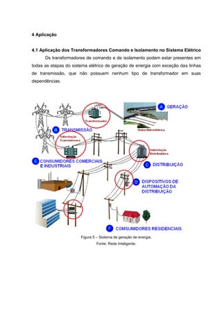 4 Aplicação

4.1 Aplicação dos Transformadores Comando e Isolamento no Sistema Elétrico
Os transformadores de comando e de isolamento podem estar presentes em
todas as etapas do sistema elétrico de geração de energia com exceção das linhas
de transmissão, que não possuem nenhum tipo de transformador em suas
dependências.

Figura 5 – Sistema de geração de energia.
Fonte: Rede Inteligente.

 