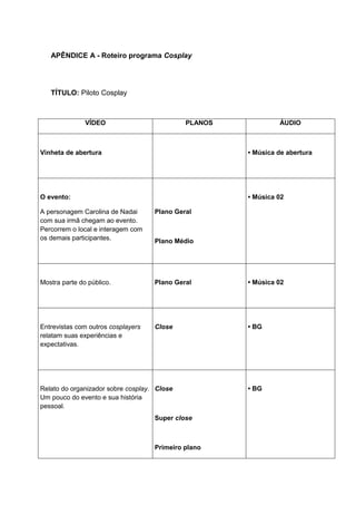 69 
APÊNDICE A - Roteiro programa Cosplay TÍTULO: Piloto Cosplay 
VÍDEO 
PLANOS 
ÁUDIO 
Vinheta de abertura 
• Música de abertura 
O evento: A personagem Carolina de Nadai com sua irmã chegam ao evento. Percorrem o local e interagem com os demais participantes. 
Plano Geral Plano Médio 
• Música 02 
Mostra parte do público. 
Plano Geral 
• Música 02 
Entrevistas com outros cosplayers relatam suas experiências e expectativas. 
Close 
• BG 
Relato do organizador sobre cosplay. Um pouco do evento e sua história pessoal. 
Close Super close Primeiro plano 
• BG  