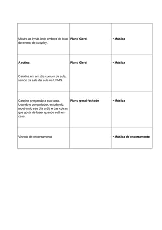 72 
Mostra as irmãs indo embora do local do evento de cosplay. 
Plano Geral 
• Música 
A rotina: Carolina em um dia comum de aula, saindo da sala de aula na UFMG. 
Plano Geral 
• Música 
Carolina chegando a sua casa. Usando o computador, estudando, mostrando seu dia a dia e das coisas que gosta de fazer quando está em casa. 
Plano geral fechado 
• Música 
Vinheta de encerramento 
• Música de encerramento 
 