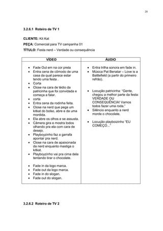 20




3.2.6.1 Roteiro de TV 1

CLIENTE: Kit Kat
PEÇA: Comercial para TV campanha 01
TÍTULO: Festa nerd – Verdade ou consequência

               VÍDEO                                  ÁUDIO

   •   Fade Out em na cor preta          •   Entra trilha sonora em fade in.
   •   Entra cena de cômodo de uma       •   Música Pat Benatar – Love is a
       casa da qual parece estar             Battlefield (a partir do primeiro
       tendo uma festa .                     refrão).
   •   Corta
   •   Close na cara de tédio da
       patricinha que foi convidada e    •   Locução patricinha: “Gente,
       começa a falar.                       chegou a melhor parte da festa:
   •   corta                                 VERDADE OU
   •   Entra cena da rodinha feita.          CONSEQUÊNCIA! Vamos
   •   Close na nerd que pega um             todos fazer uma roda.”
       kitkat do bolso, abre e da uma    •   Silêncio enquanto a nerd
       mordida.                              morde o chocolate.
   •   Ela abre os olhos e se assusta.
   •   Câmera gira e mostra todos        •   Locução playboizinho “EU
       olhando pra ela com cara de           COMEÇO...”
       desejo.
   •   Playboyzinho faz a garrafa
       apontar pra nerd.
   •   Close na cara de apaixonada
       da nerd enquanto mastiga o
       kitkat.
   •   Playboyzinho vai pra cima dela
       tentando tirar o chocolate.

   •   Fade in da logo marca.
   •   Fade out da logo marca.
   •   Fade in do slogan.
   •   Fade out do slogan.




3.2.6.2 Roteiro de TV 2
 