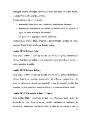 Produção de Leite e Nutrição, Fertilidade, Vitelos, Bem-estar e Conforto Bovino,

e Saúde Pública e Segurança Alimentar.

Estas análises envolvem três tarefas:

      a inspecção dos animais, das instalações, do alimento e do maneio;

      a verificação de registos e de análises laboratoriais feitas ao alimento, à

       água, ao leite e ao sangue dos animais;

      um questionário ao produtor relativo ao maneio.

Cada uma das análises SWOT encontra-se pormenorizada e dividida em vários

campos, de acordo com a natureza de cada análise.


Análise SWOT de Saúde Podal

Esta análise SWOT encontra-se dividida em: informação geral; monitorização

clínica; diagnóstico de lesões podais; alojamento; clima; alimentação; maneio; e

outras questões de saúde.


Análise SWOT de Saúde do Úbere

Esta análise SWOT encontra-se dividida em: informação geral; monitorização

clínica; higiene na ordenha; equipamento de ordenha; procedimentos de

ordenha; alojamento; climatização (estábulo e sala de ordenha); gestão das

mastites; controlo veterinário de saúde do úbere; e outras questões de gestão.


Análise SWOT de Produção de Leite e Nutrição

Esta análise SWOT encontra-se dividida em: informação geral; dados da

produção de leite; itens gerais de nutrição; avaliação da qualidade de

alimentação; avaliação e formulação nutricional da ração; exploração do pasto e
                                                                                 14
 
