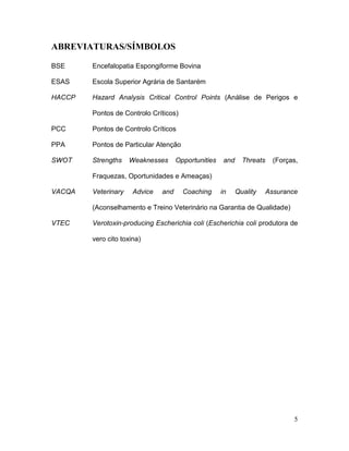 ABREVIATURAS/SÍMBOLOS

BSE     Encefalopatia Espongiforme Bovina

ESAS    Escola Superior Agrária de Santarém

HACCP   Hazard Analysis Critical Control Points (Análise de Perigos e

        Pontos de Controlo Críticos)

PCC     Pontos de Controlo Críticos

PPA     Pontos de Particular Atenção

SWOT    Strengths    Weaknesses      Opportunities    and     Threats     (Forças,

        Fraquezas, Oportunidades e Ameaças)

VACQA   Veterinary    Advice   and     Coaching      in     Quality     Assurance

        (Aconselhamento e Treino Veterinário na Garantia de Qualidade)

VTEC    Verotoxin-producing Escherichia coli (Escherichia coli produtora de

        vero cito toxina)




                                                                                5
 