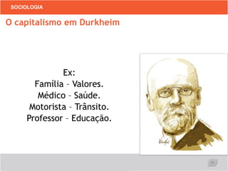 31
SOCIOLOGIA
Ex:
Família – Valores.
Médico – Saúde.
Motorista – Trânsito.
Professor – Educação.
O capitalismo em Durkheim
 
