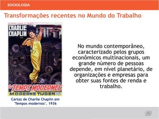 32
SOCIOLOGIA
No mundo contemporâneo,
caracterizado pelos grupos
econômicos multinacionais, um
grande número de pessoas
depende, em nível planetário, de
organizações e empresas para
obter suas fontes de renda e
trabalho.
Cartaz de Charlie Chaplin em
'Tempos modernos‘. 1936
Transformações recentes no Mundo do Trabalho
 
