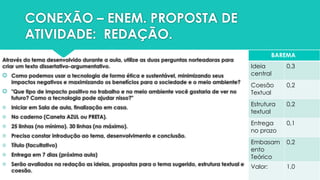 CONEXÃO – ENEM. PROPOSTA DE
ATIVIDADE: REDAÇÃO.
Através do tema desenvolvido durante a aula, utilize as duas perguntas norteadoras para
criar um texto dissertativo-argumentativo.
 Como podemos usar a tecnologia de forma ética e sustentável, minimizando seus
impactos negativos e maximizando os benefícios para a sociedade e o meio ambiente?
 "Que tipo de impacto positivo no trabalho e no meio ambiente você gostaria de ver no
futuro? Como a tecnologia pode ajudar nisso?"
- Iniciar em Sala de aula, finalização em casa.
- No caderno (Caneta AZUL ou PRETA).
- 25 linhas (no mínimo). 30 linhas (no máximo).
- Precisa constar introdução ao tema, desenvolvimento e conclusão.
- Título (facultativo)
- Entrega em 7 dias (próxima aula)
- Serão avaliados na redação as ideias, propostas para o tema sugerido, estrutura textual e
coesão.
BAREMA
Ideia
central
0,3
Coesão
Textual
0,2
Estrutura
textual
0,2
Entrega
no prazo
0,1
Embasam
ento
Teórico
0,2
Valor: 1,0
 