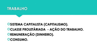 TRABALHO
SISTEMA CAPITALISTA (CAPITALISMO).
CLASSE PROLETÀRIADA - AÇÂO DO TRABALHO.
REMUNERAÇÂO (DINHEIRO).
CONSUMO.
 