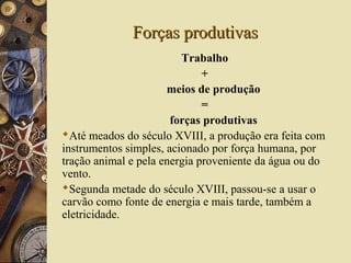Forças produtivasForças produtivas
Trabalho
+
meios de produção
=
forças produtivas
Até meados do século XVIII, a produção era feita com
instrumentos simples, acionado por força humana, por
tração animal e pela energia proveniente da água ou do
vento.
Segunda metade do século XVIII, passou-se a usar o
carvão como fonte de energia e mais tarde, também a
eletricidade.
 