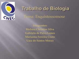 Trabalho de BiologiaTema: EsquistossomoseIntegrantes:Bárbara Christine SilvaGabriela de Paiva LemesMarianna Ferreira CoutoUára do Santos Morais